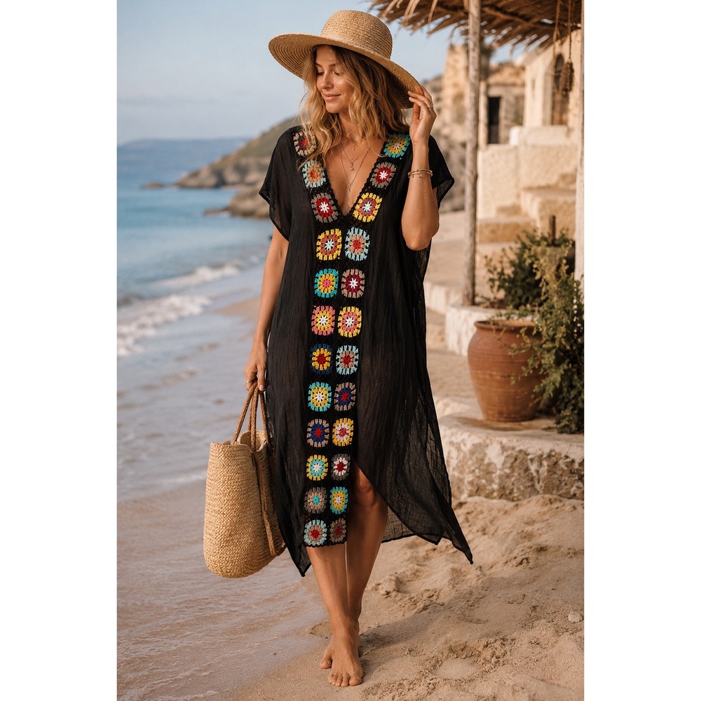 Black Crochet Granny Square Maxi Caftan Boho Beach Swim Cover Resort Wear L/XL